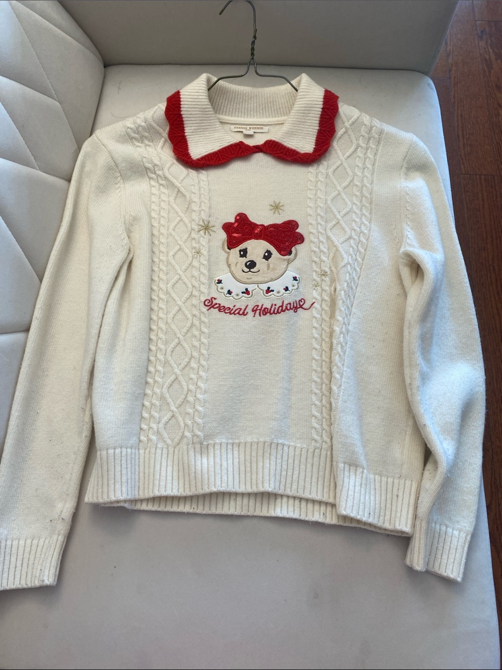 Cream Holiday Bear Cable-Knit Sweater with Red Collar